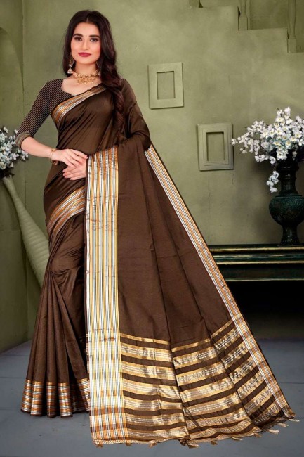 Brown Cotton and silk Saree with Weaving