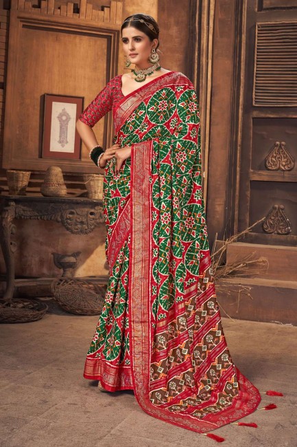 Green Printed,lace border Saree in Patola silk