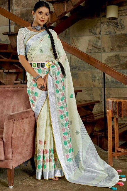 Linen Saree with Resham,embroidered,lace border in Off white