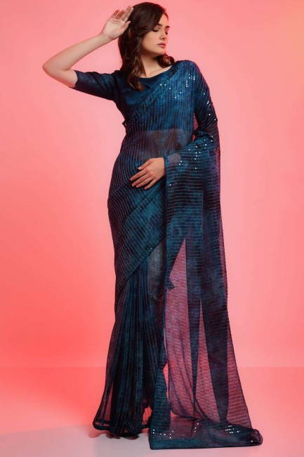 Teal blue Saree with Embroidered,printed Chiffon