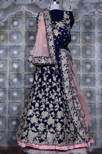 Blue Bridal Lehenga Choli in Velvet with Embroidered