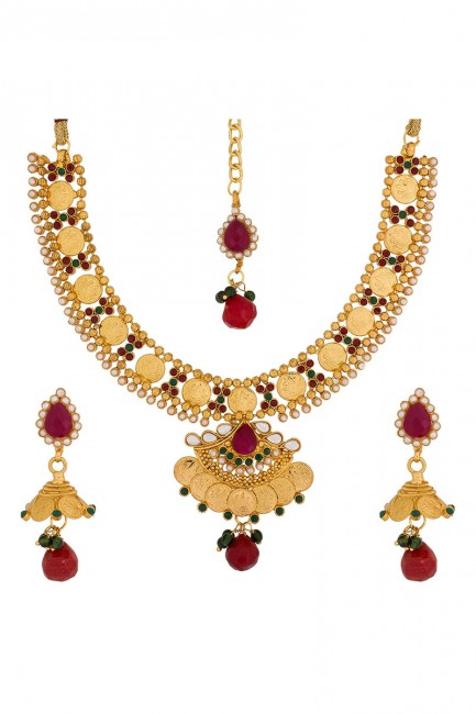 kundan,Beads And Perlas Red, Green & Golden Necklace Set