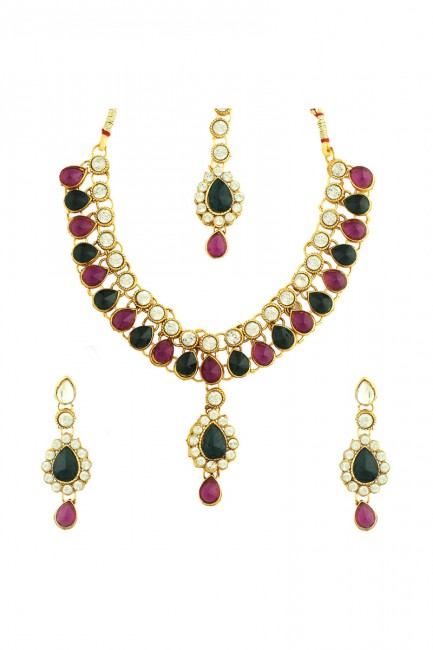 Stone, American Diamond Golden,Green & Maroon Necklace Set