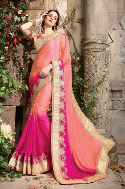 Light Pink, Rani Pink  Jequard Silk  Saree