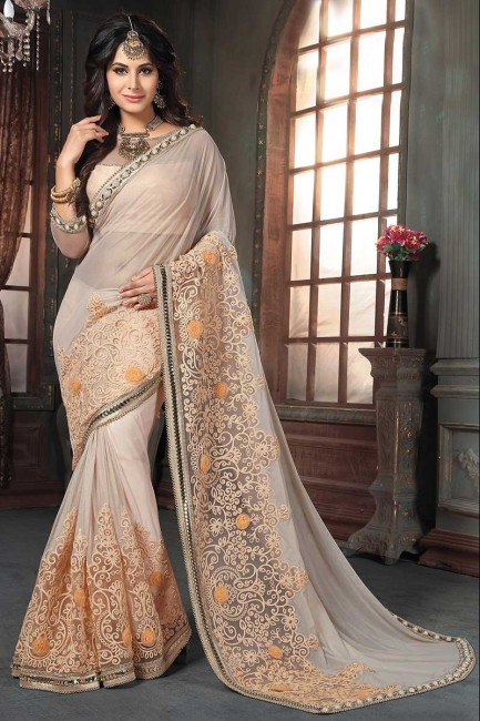 Pale Peach Knitted Georgette Saree