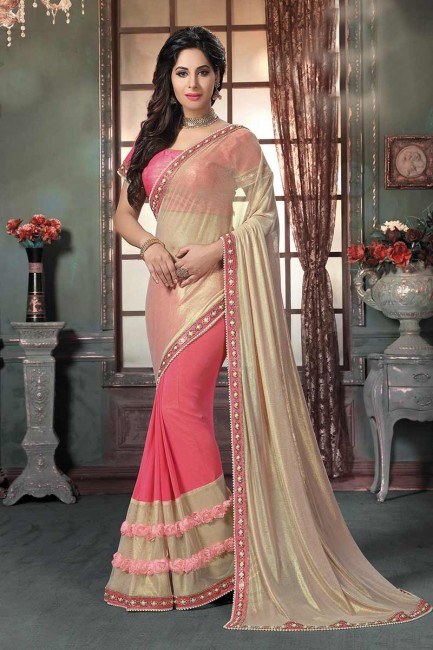Coral Pink, Cream Knitted Georgette Saree