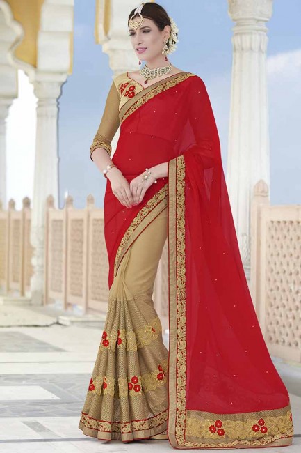 Traditional Red And Beige Chiffon , Georgette Saree