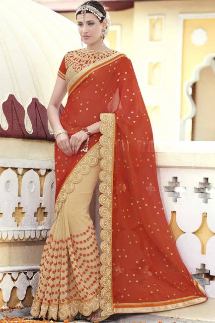 Ethinc Red And Beige Chiffon , Georgette Saree