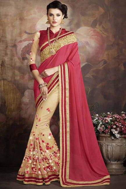 Red And Beige Georgette And Net Saree