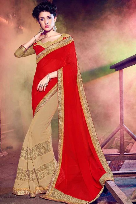 Red and beige Georgette Saree