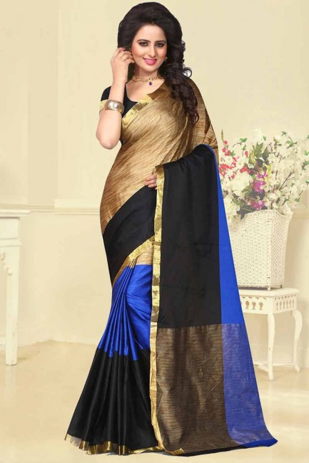 Elegant Blue,Black & Golden Cotton Silk Saree