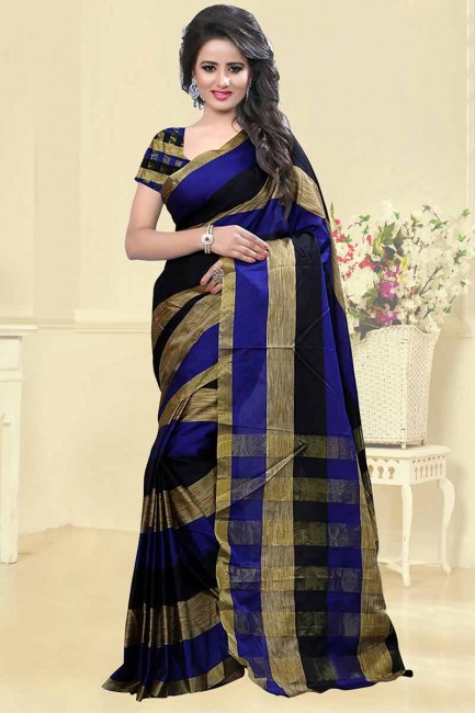Designer Blue,Black & Golden Cotton Silk Saree