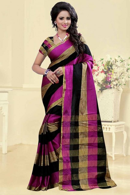 Pink,Black & Golden Cotton Silk Saree