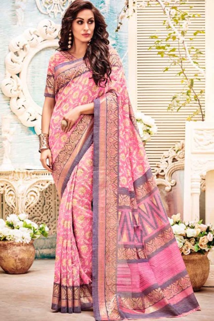 Glorious Pink Kashida Silk Saree