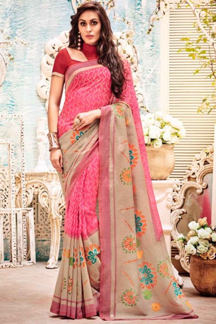 Splendid Pink Kashida Silk Saree