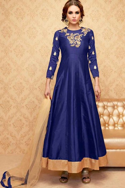 Navy Blue Banglori Silk Anarkali Suit