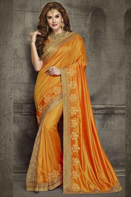 Beige & Orange Silk And Net Saree