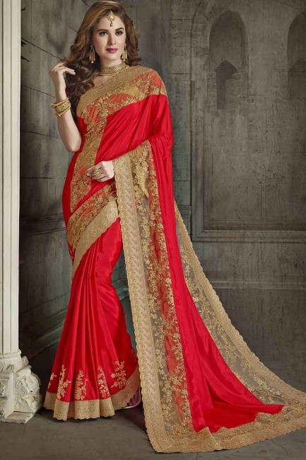 Red Silk And Net Saree