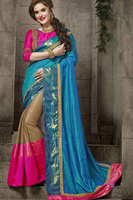 Blue And Beige Silk And Fancy Net Saree