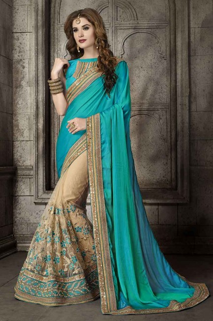 Indian Ethnic Teal Green And Beige Silk And Net Saree
