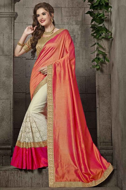 Peach And Off White Silk And Net Saree
