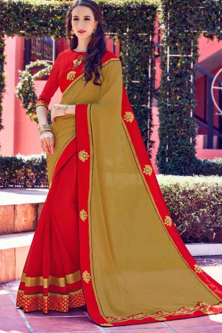 Dark Beige and Red Moss chiffon and Georgette Saree