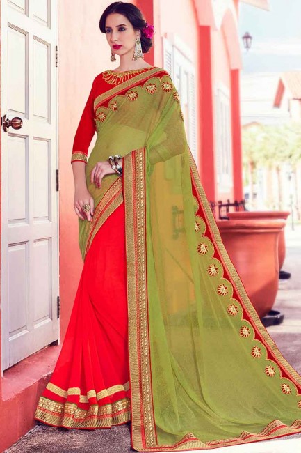 Green and Red Fancy Net  and Georgette Saree