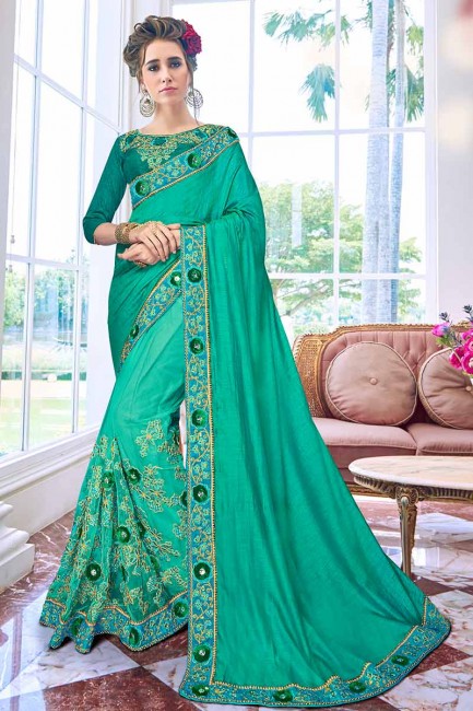 Teal Green color Art Silk & Net Saree
