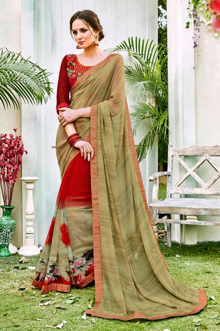Mint Green & Red color Georgette Saree
