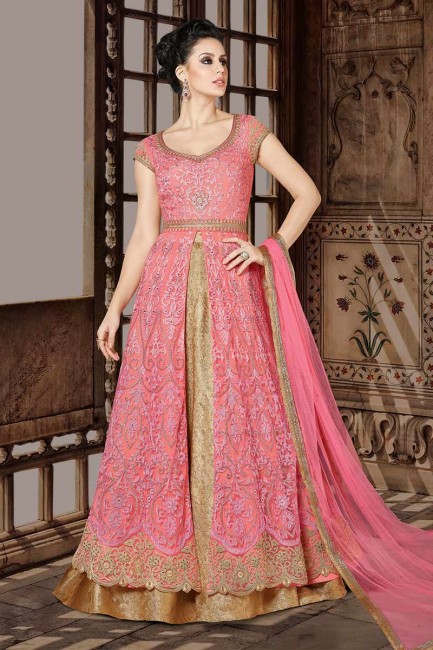 Pink color Net Anarkali Suit