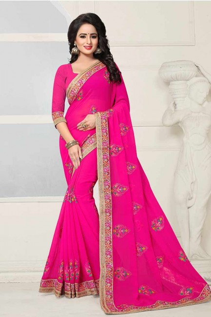 Traditional Fuschia Pink color Georgette Saree