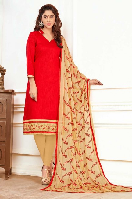 Alluring Red color Cotton Churidar Suit