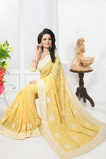 Fashionable Yellow color Georgette saree