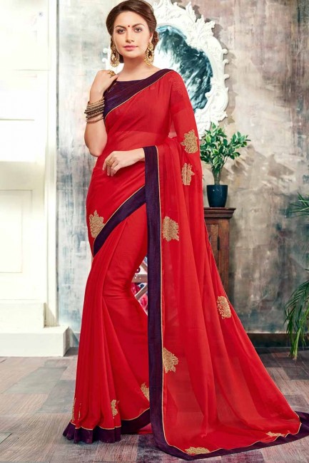 Traditional Red color Chiffon saree