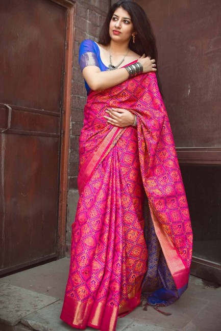 Fuschia Pink color Jacquard Silk saree