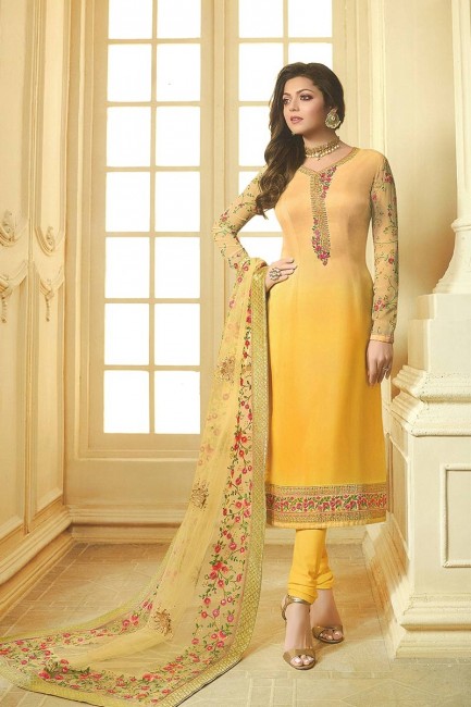 Ravishing Yellow Georgette Satin Churidar Suit