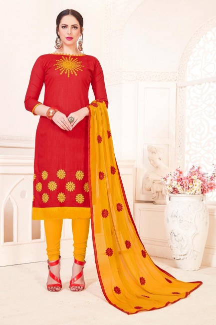 Alluring Red South Cotton Churidar Suit