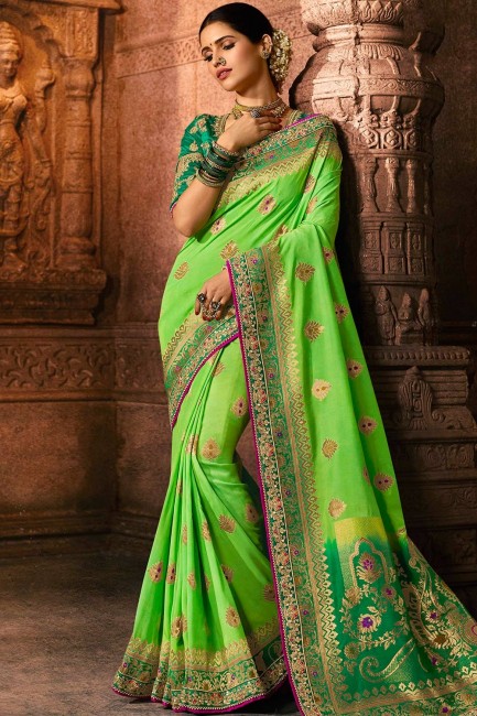 parrot Green Embroidered Saree in Art Silk