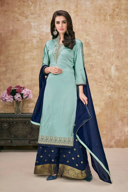 Georgette Satin Palazzo Suits in Sky Blue with dupatta
