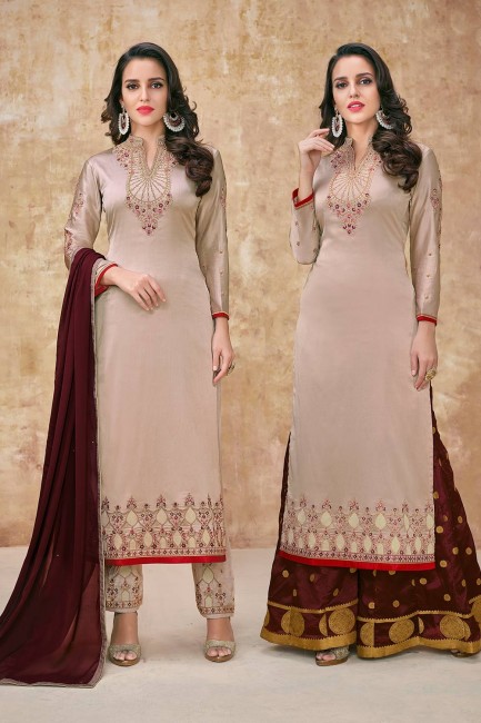 Sand Grey Palazzo Suits in Satin with Georgette