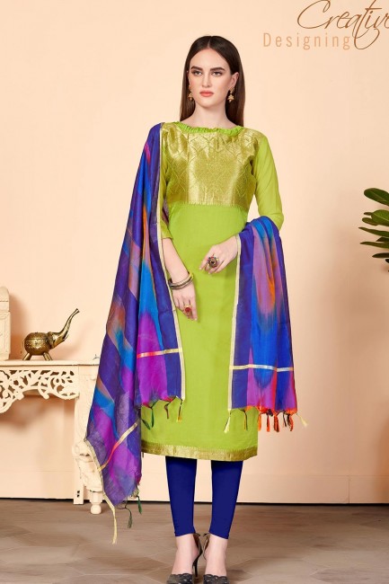 Churidar Suits in Light Green Silk with Jacquard