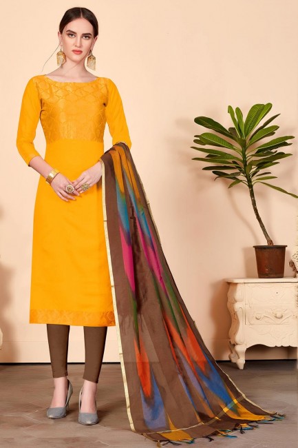 Jacquard Churidar Suits in Mustard Yellow Silk