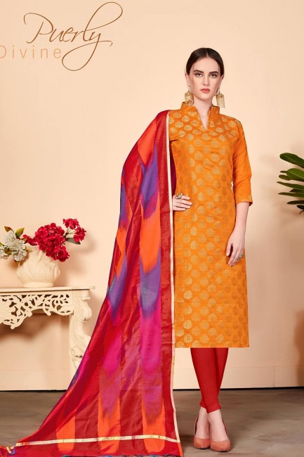Orange Churidar Suits in Silk with Jacquard