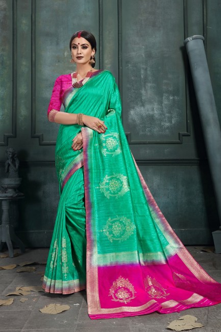 sea Green Saree with Weaving Art Silk
