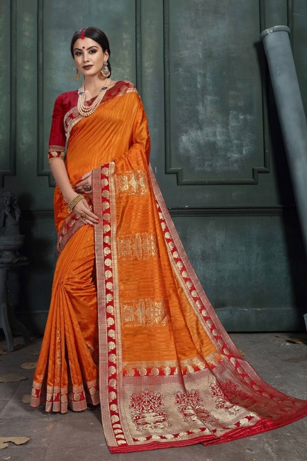 Weaving Art Silk Saffron  Saree Blouse