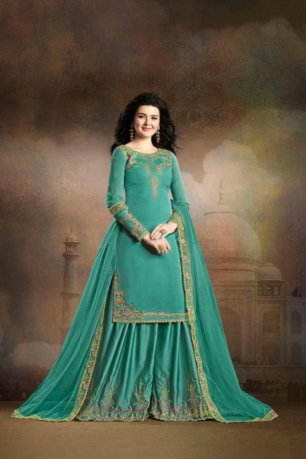 Silk Palazzo Suits in Turquoise Blue Silk