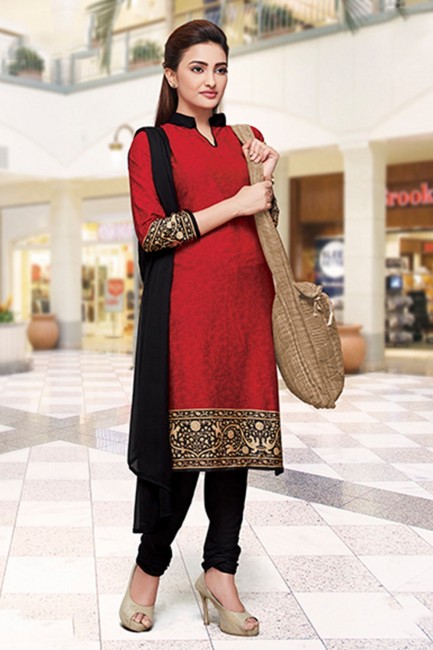 Silk Churidar Suits in Red with Crepe