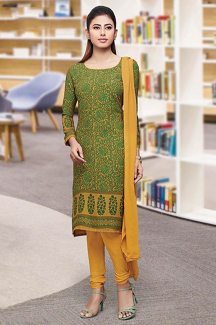 Crepe Silk Churidar Suits in Green with dupatta