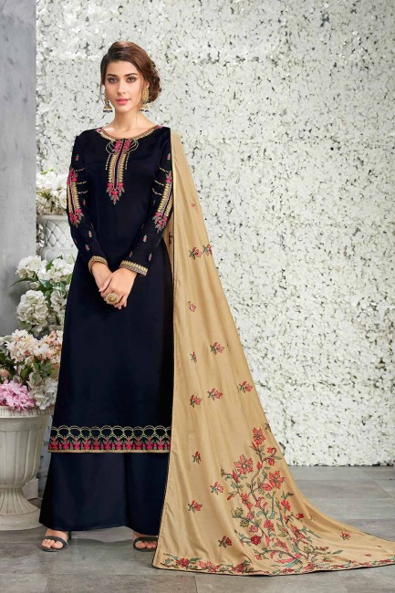 Navy Blue Georgette Silk Palazzo Suits