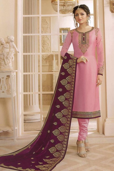 Georgette Satin Churidar Suits in Baby Pink